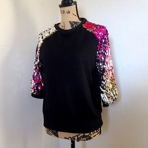 Black Three Quarter Sleeve Comfy Casual Pink & Gold Sequin Baseball Tee Size XS
